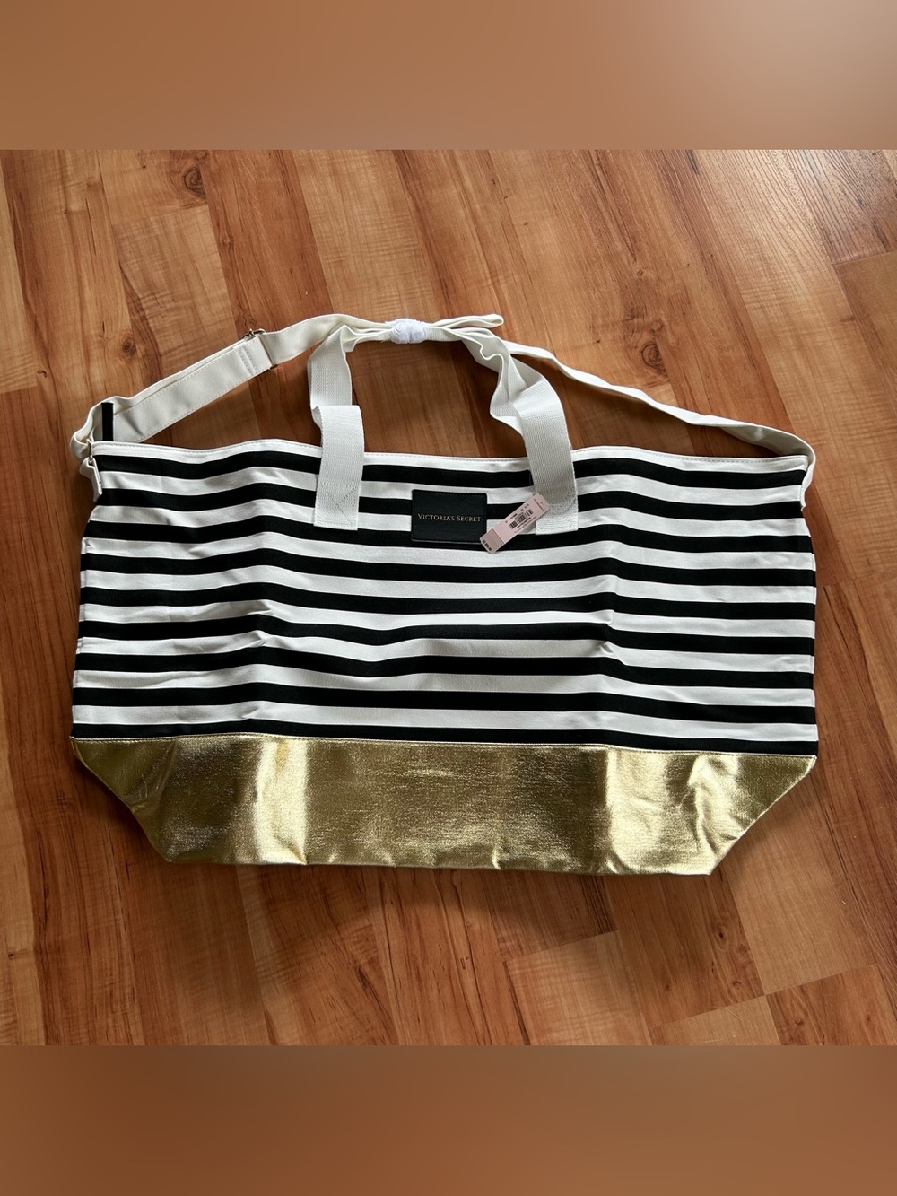 NWT Victoria’s Secret Large Striped Tote Bag in Gold Black & White Beach Travel